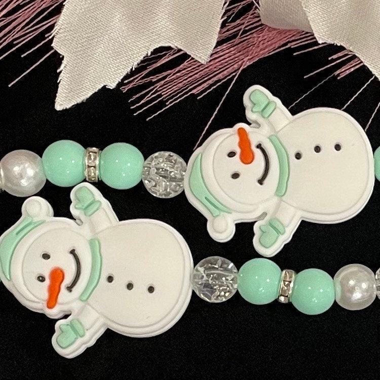 Mint Green Snowman Watch Band Compatible with Apple Watch Made with Silicone Snowmen, Acrylic, and Rhinestone Beads with Custom Sizing!