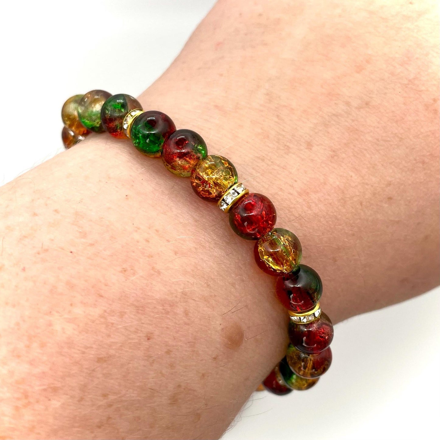 Christmas-Themed Multicolor Crackle Glass Beaded Bracelet with Gold Accents | Red Green and Gold Custom Sized Handmade Bracelet