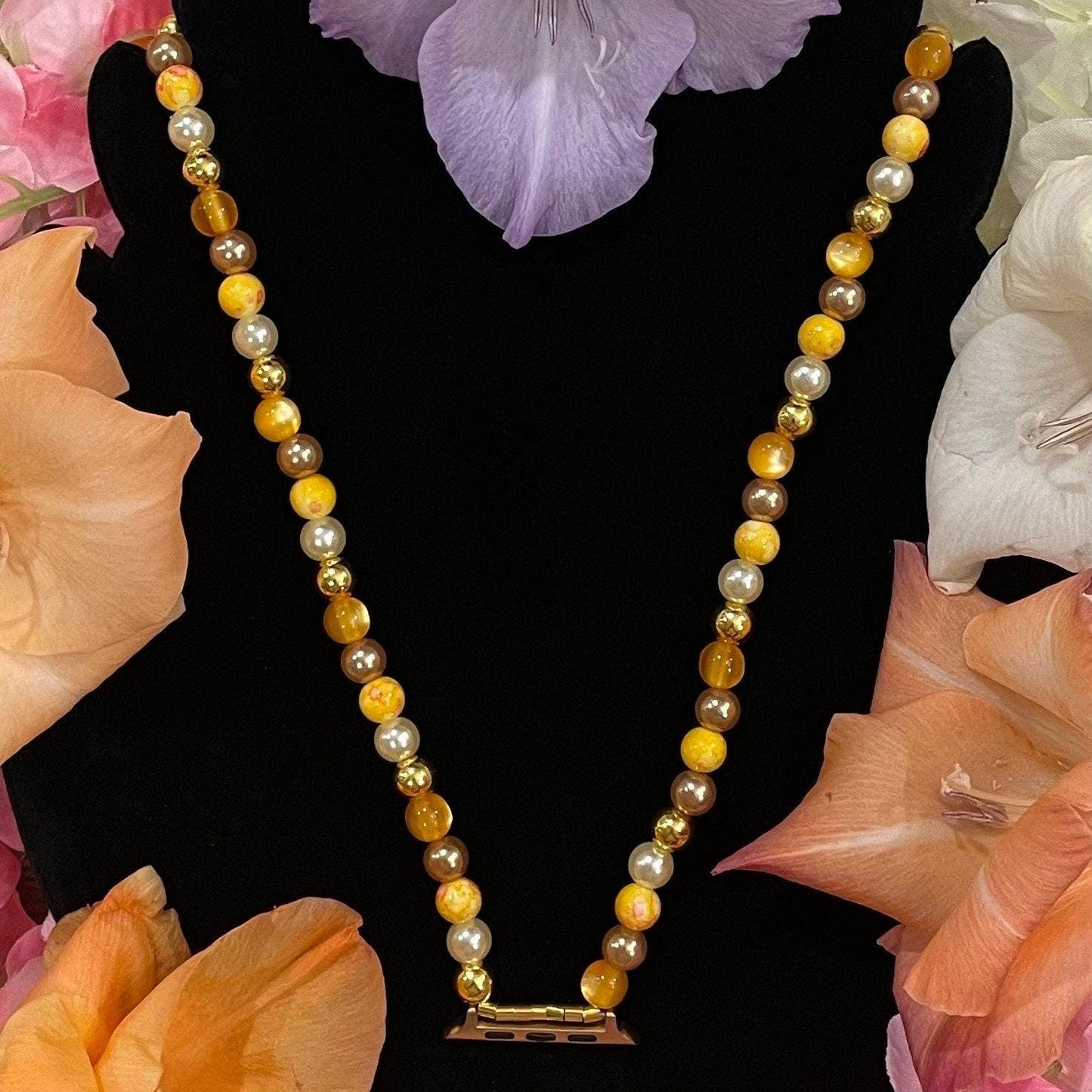 Yellow Fall Watch Necklace Compatible With Apple Watch Made With Imitation Pearls and Glass Beads