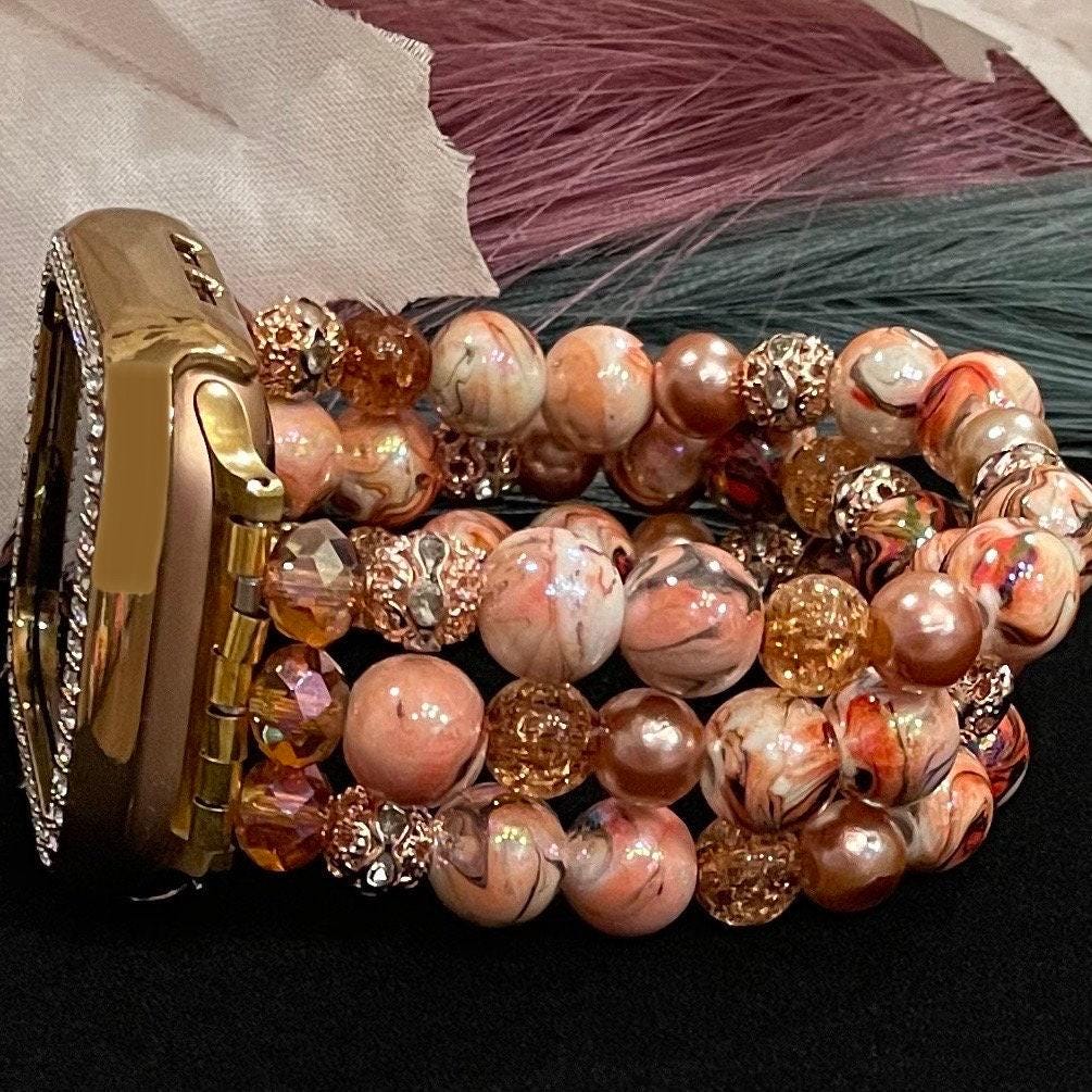 Glamorous Watch Band Compatible with Apple Watch Made with Acrylic and Rhinestone Beads, Tan Brown Orange Womens Watch Band