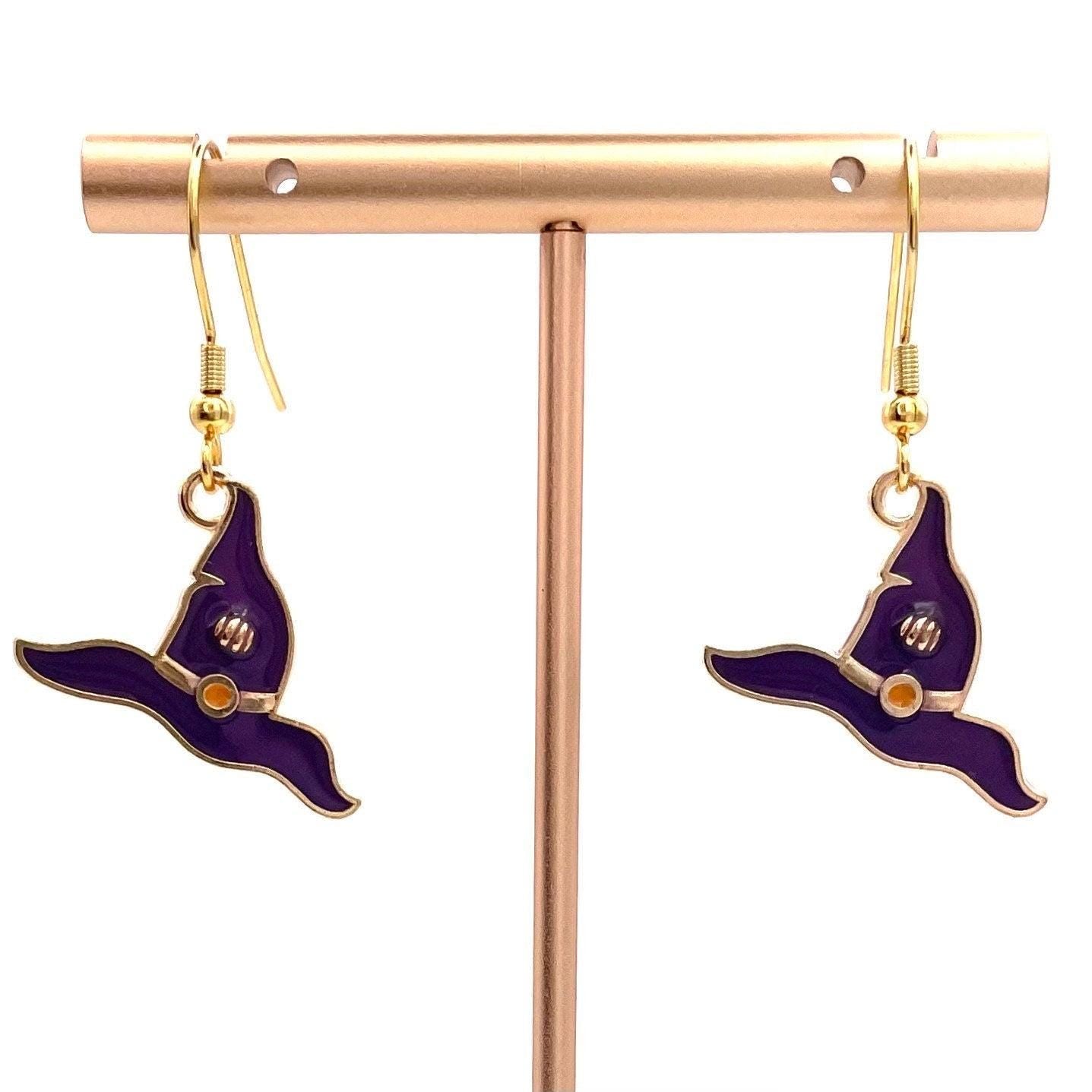 Halloween Witch Hat or Broom Earrings Made with Gold Finished Stainless Steel Earring Hooks