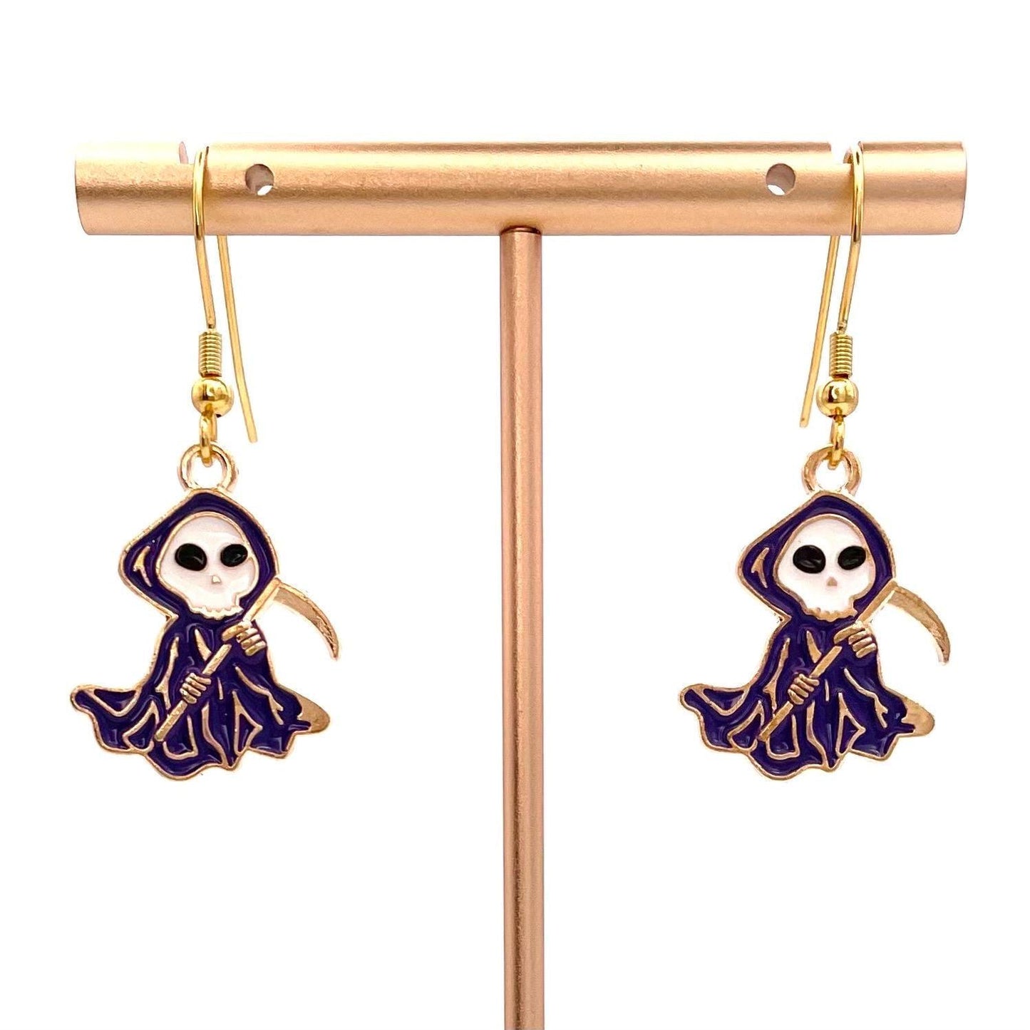 Grim Reaper Halloween Earrings Made with Gold Finished Stainless Steel Earring Hooks