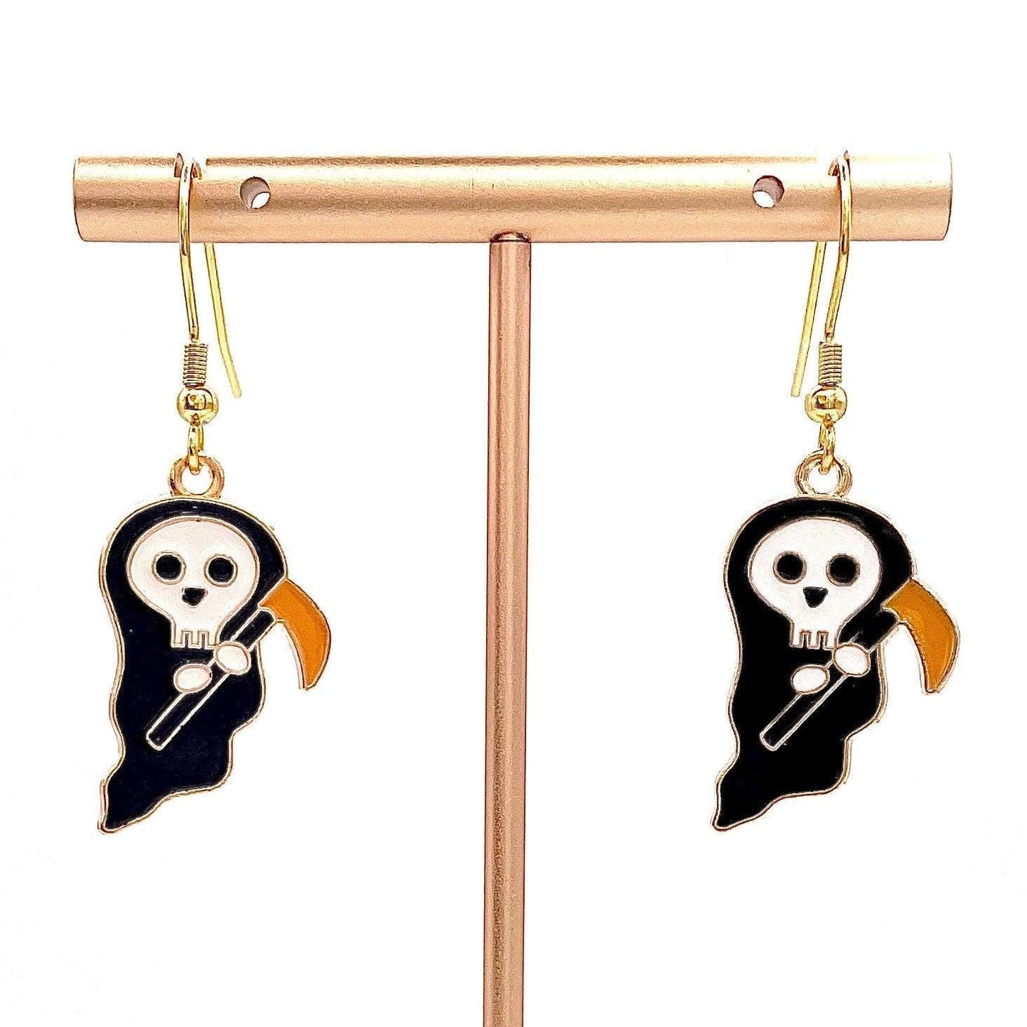 Grim Reaper Halloween Earrings Made with Gold Finished Stainless Steel Earring Hooks