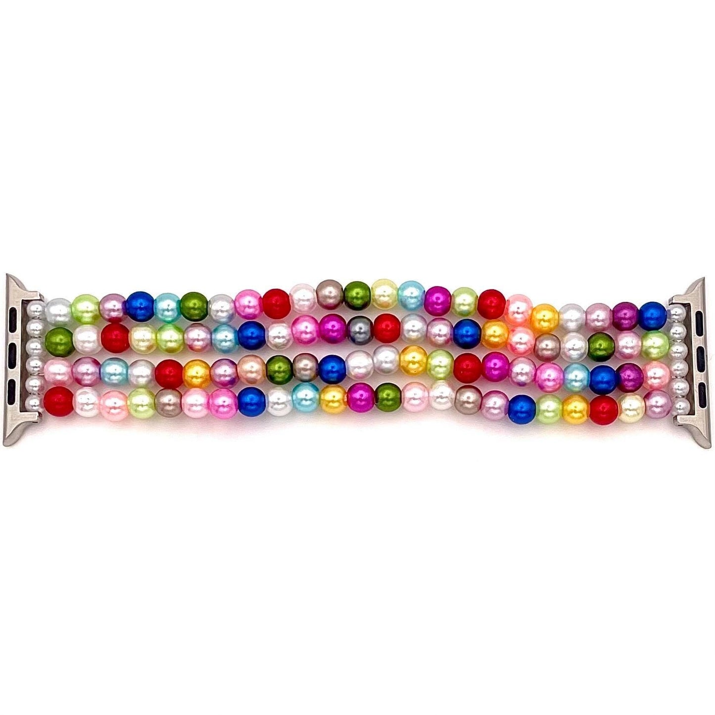 Custom-Sized Rainbow 6mm Imitation Pearl Apple Watch Band – Multicolor Beaded Bracelet Strap for Women, Compatible with All Sizes