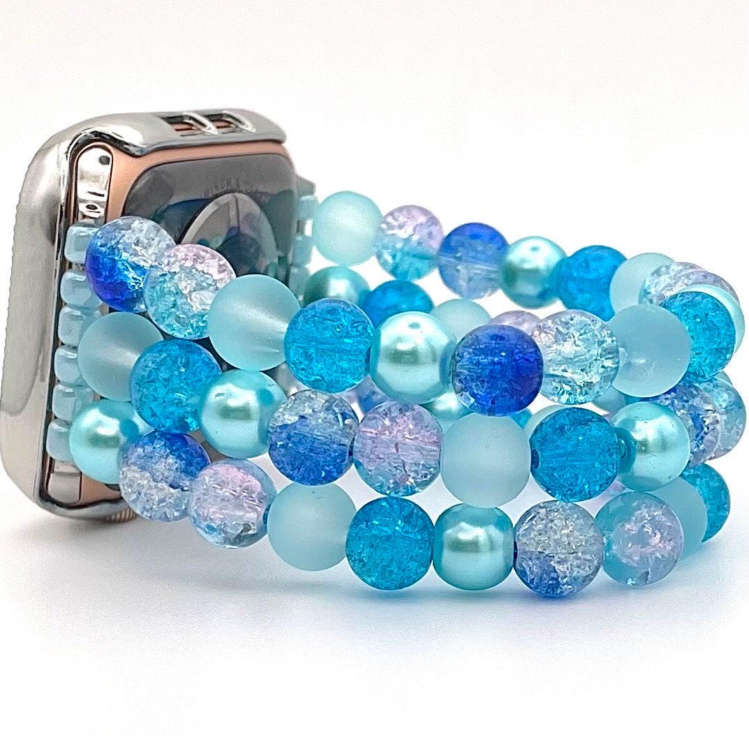 Blue Watch Band Compatible with Apple Watch with Glass Beads and Imitation Pearls, Custom Sizing!