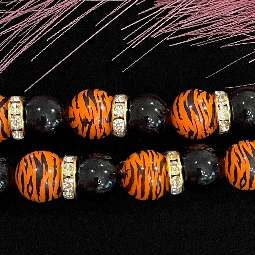 Tiger Watch Band Compatible with Apple Watch Made with Printed Tiger Beads and Black Imitation Pearls