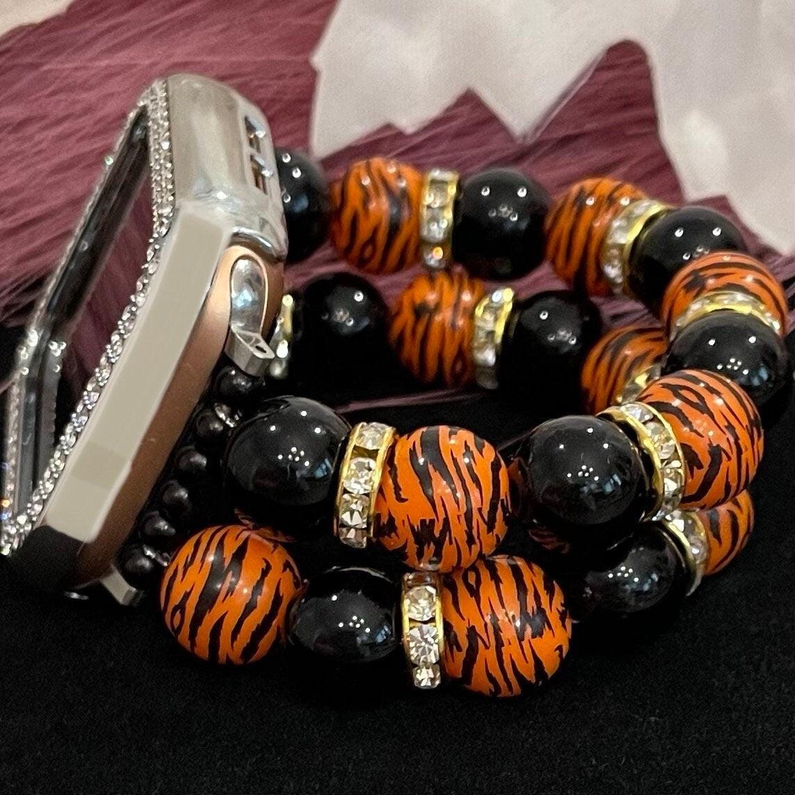 Tiger Watch Band Compatible with Apple Watch Made with Printed Tiger Beads and Black Imitation Pearls