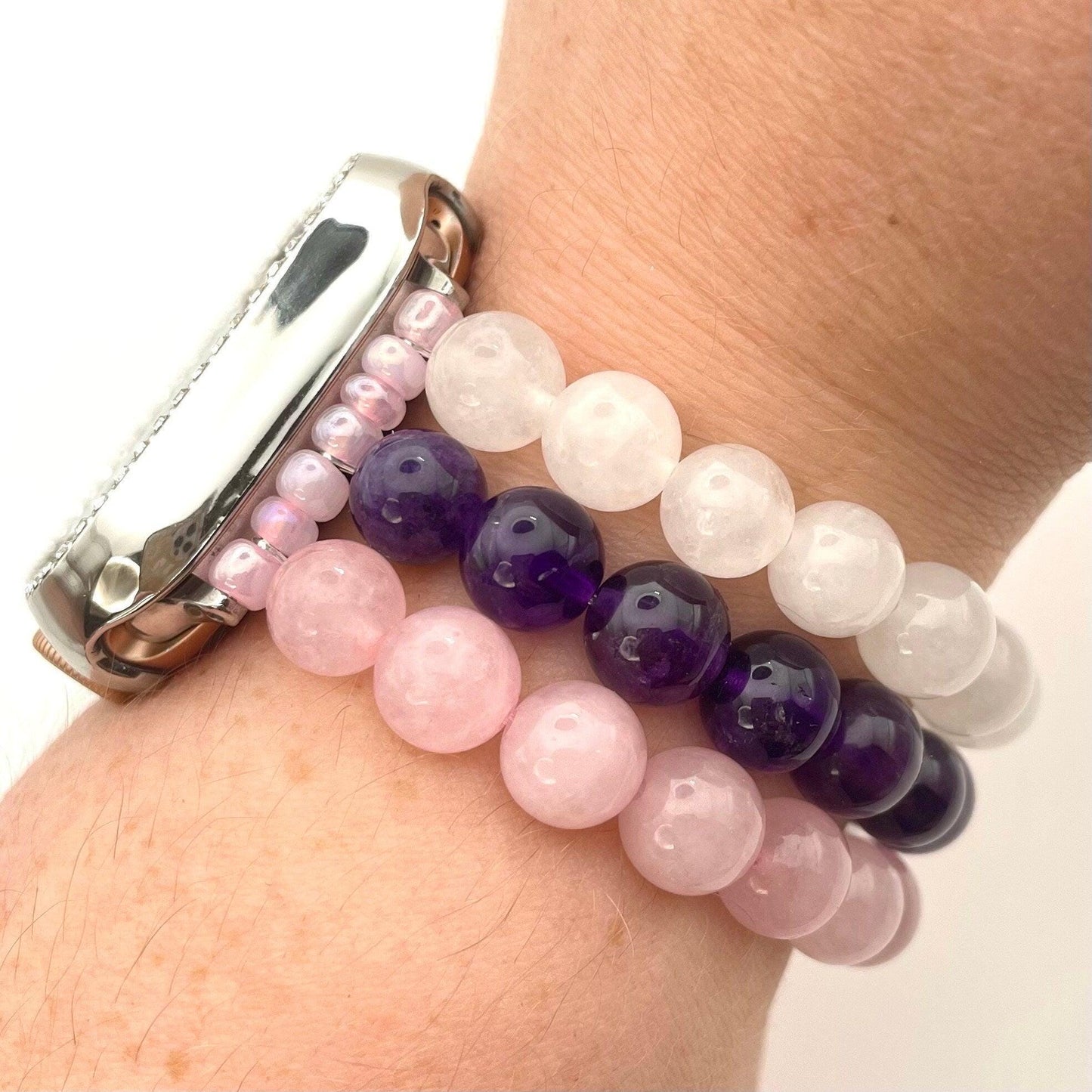 Rose Quartz, Amethyst, and White Jade Beaded Watch Band Compatible with Apple Watch.
