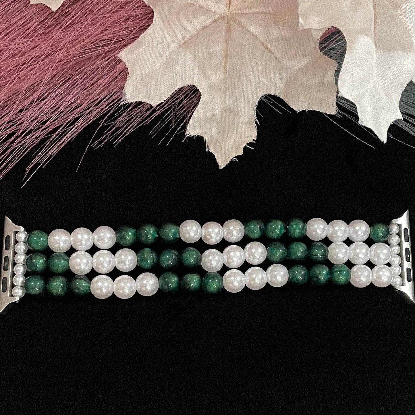 Green and White Watch Band Compatible with Apple Watch Made with Acrylic and Imitation Pearl Beads