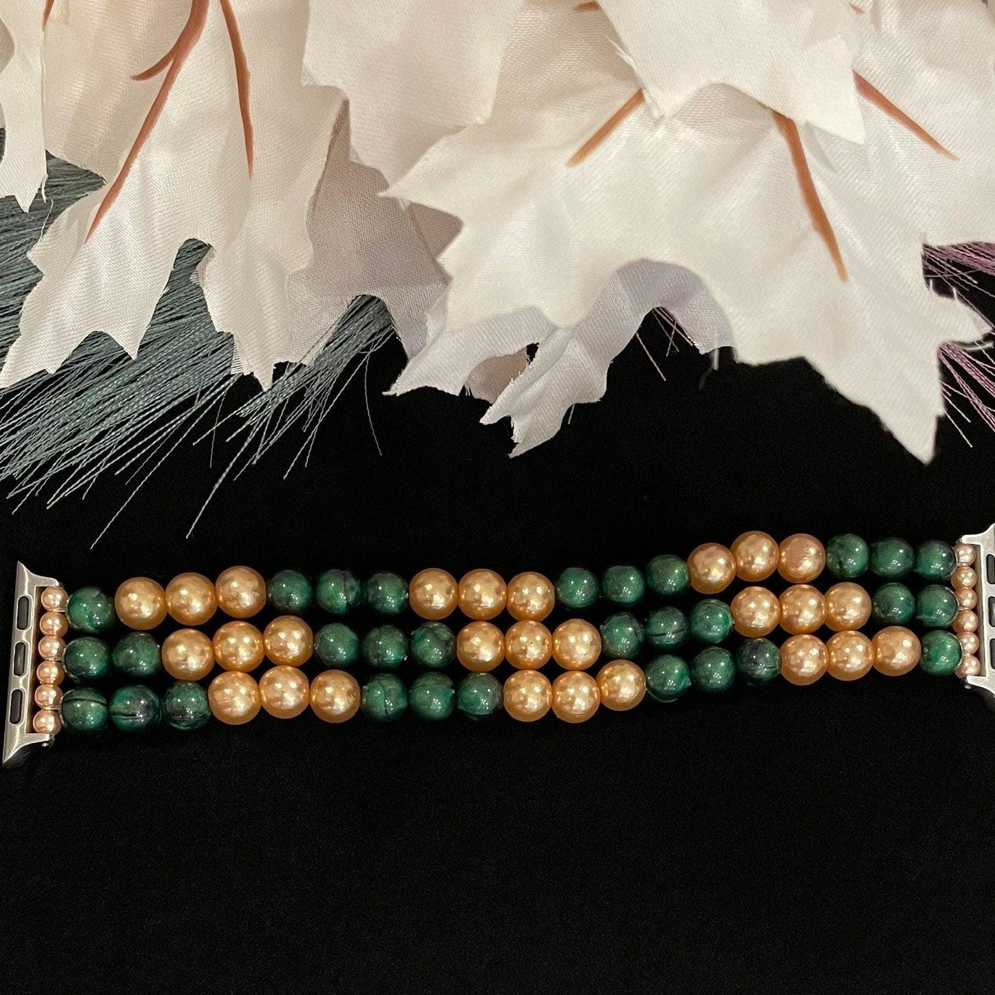 Green and Gold Watch Band Compatible with Apple Watch Made with Acrylic and Imitation Pearl Beads