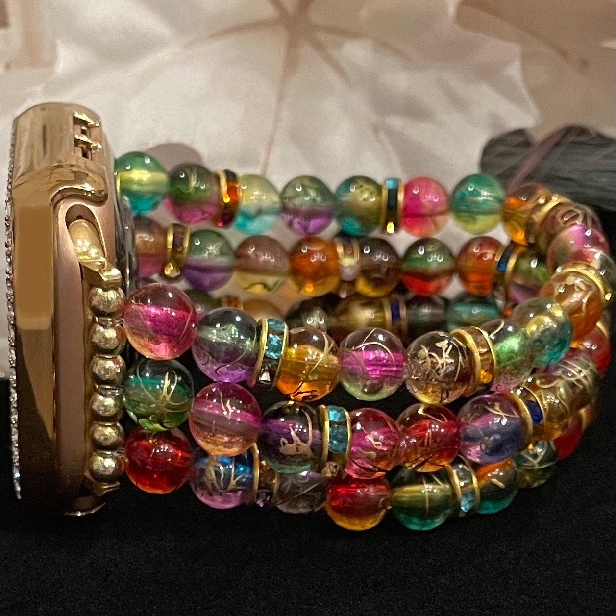 Golden Swirl Watch Band Compatible with Apple Watch Band Made with Transparent Acrylic and Rainbow Rhinestone Beads