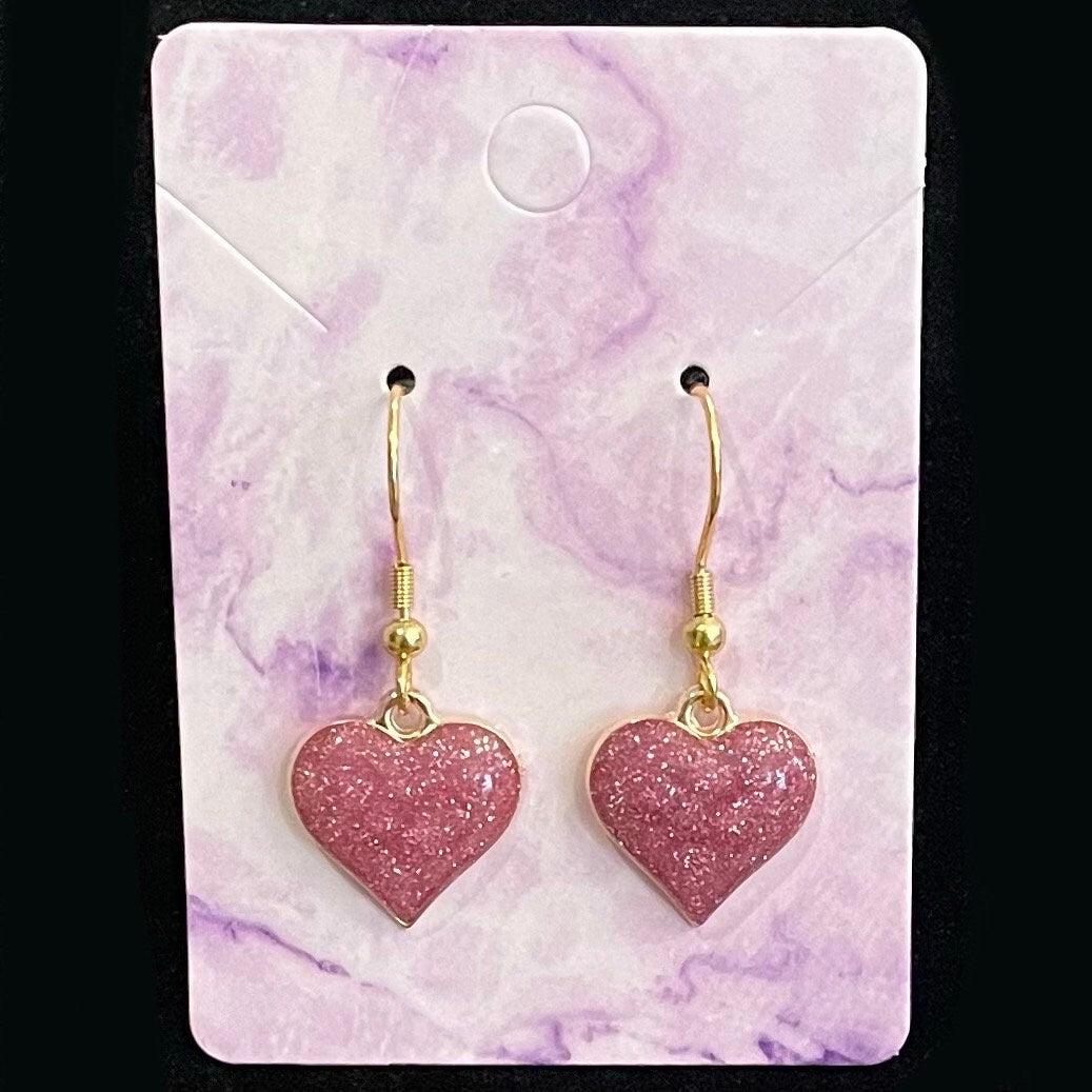 Shimmer Heart Charm Earrings Made with Gold Finished Stainless Steel Earring Hooks
