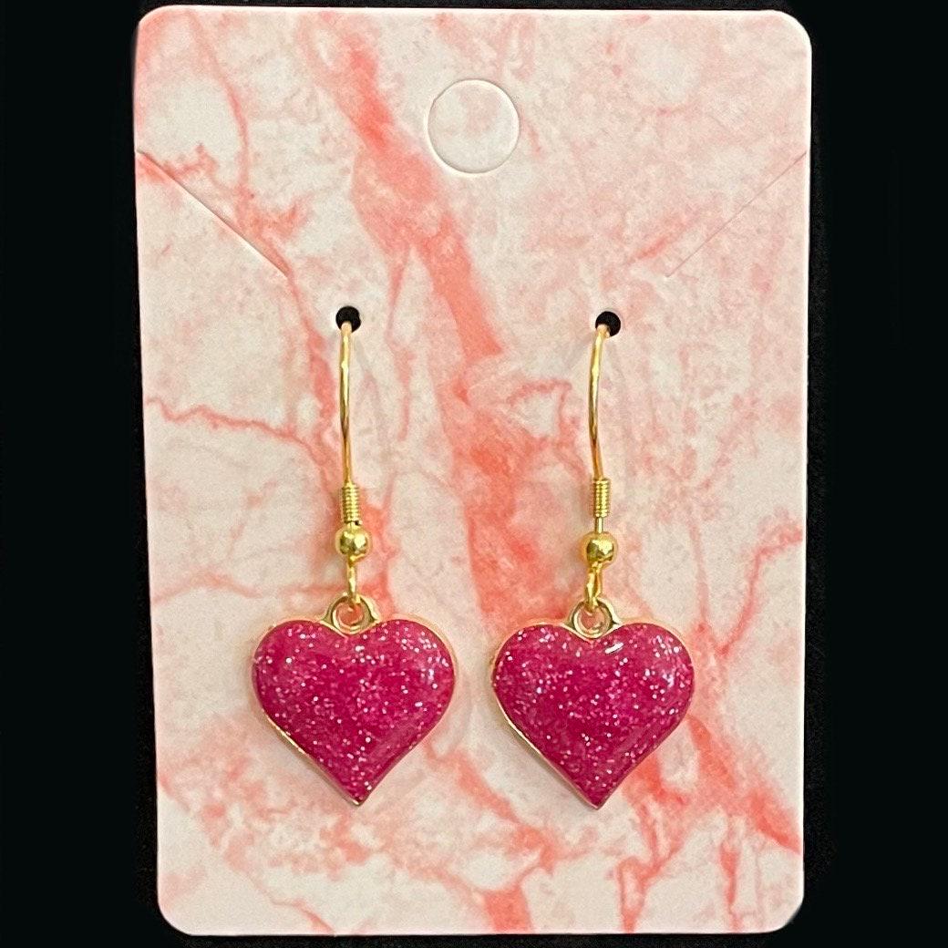 Shimmer Heart Charm Earrings Made with Gold Finished Stainless Steel Earring Hooks