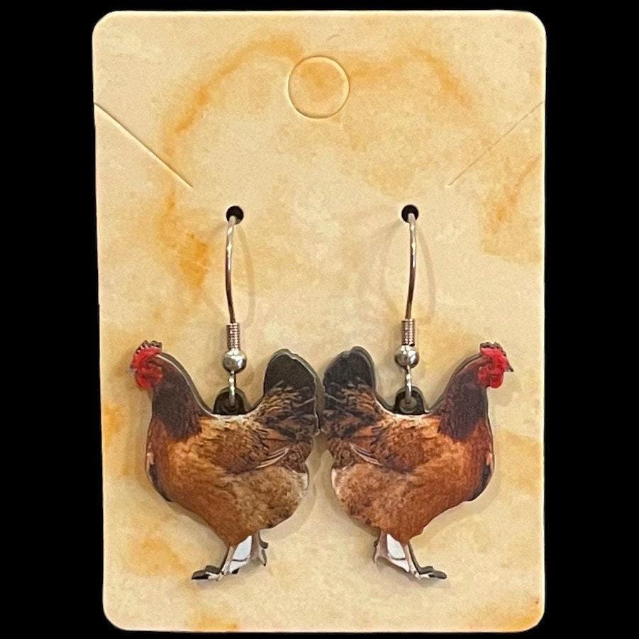 Dangle Earrings Made with Hypoallergenic Stainless Steel Earring Hooks. Poultry, Chickens.