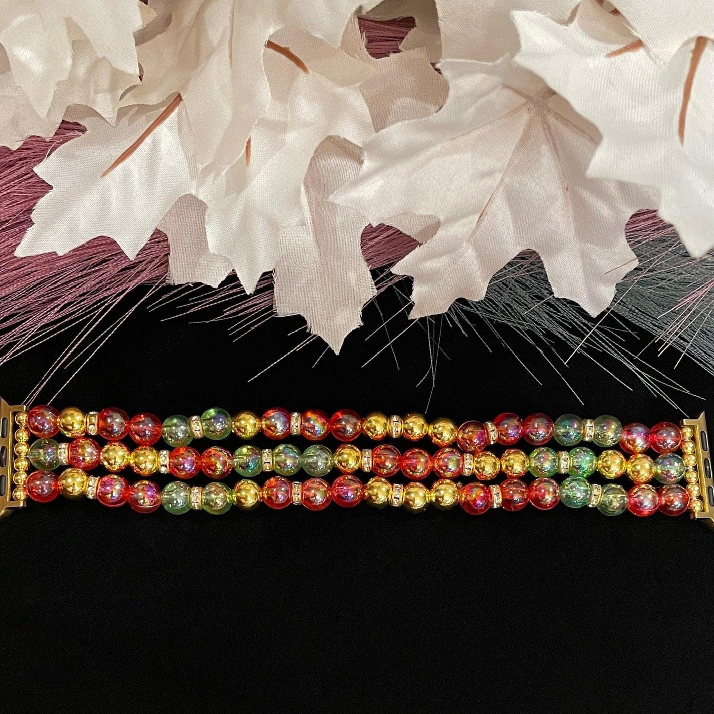 Transparent Festive Watch Band Compatible with Apple Watch Band Made with Green Red & Gold Acrylic Beads