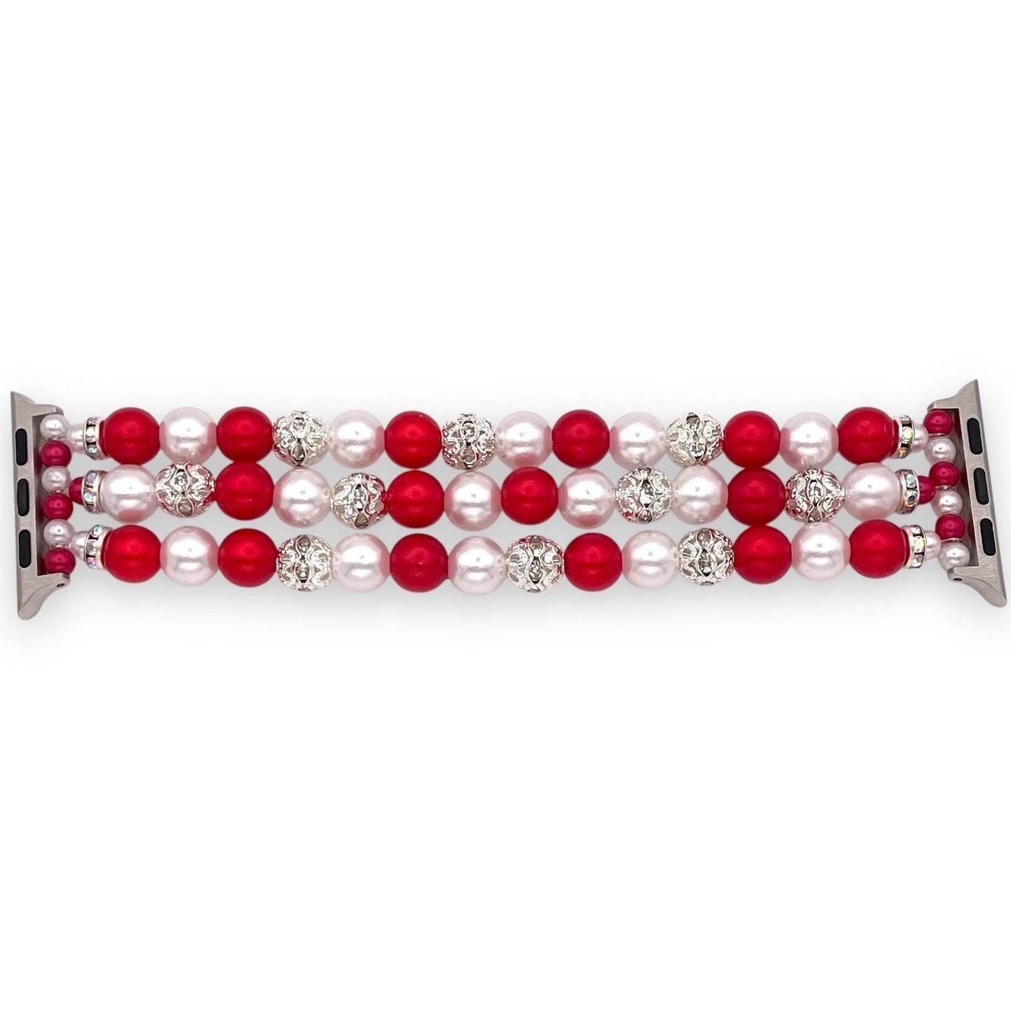 Custom-Sized Red and White Beaded Apple Watch Band - Pearl and Silver Stretch Bracelet Style - Perfect for Holidays or Valentine’s Day