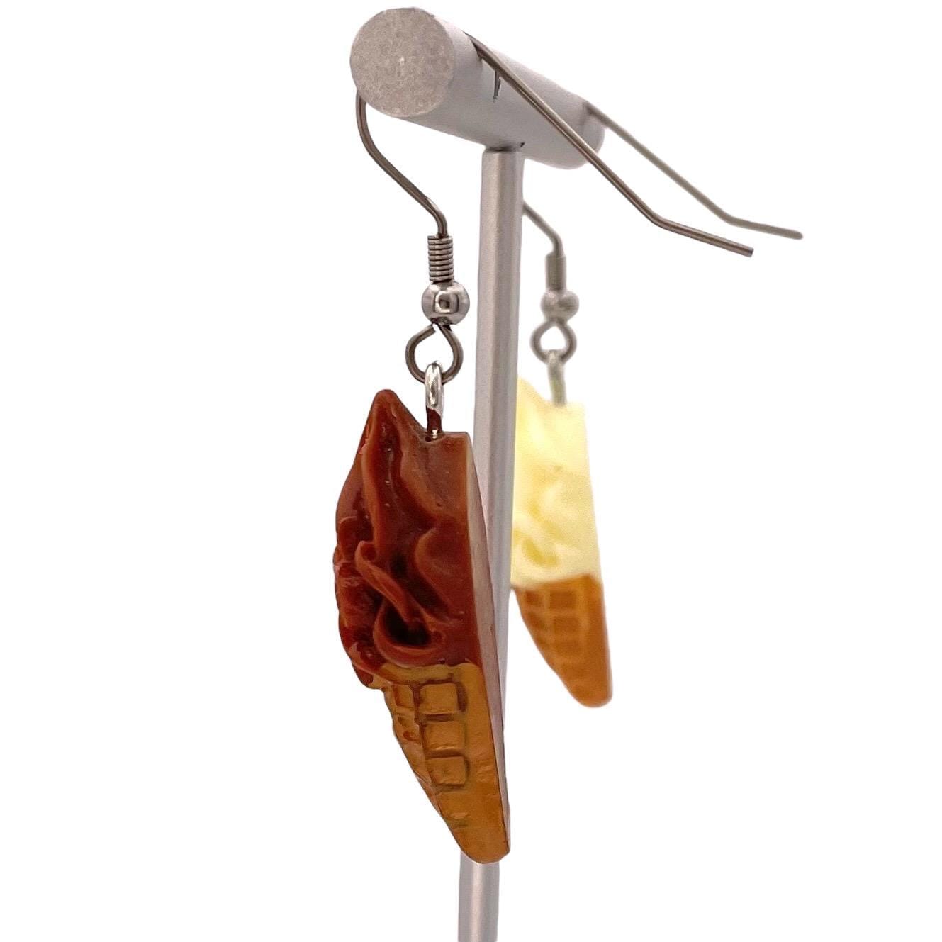 Ice Cream Cone Earrings with Hypoallergenic Stainless Steel Hooks – Vanilla and Chocolate Swirl Dangle Earrings – Cute Summer Food Jewelry