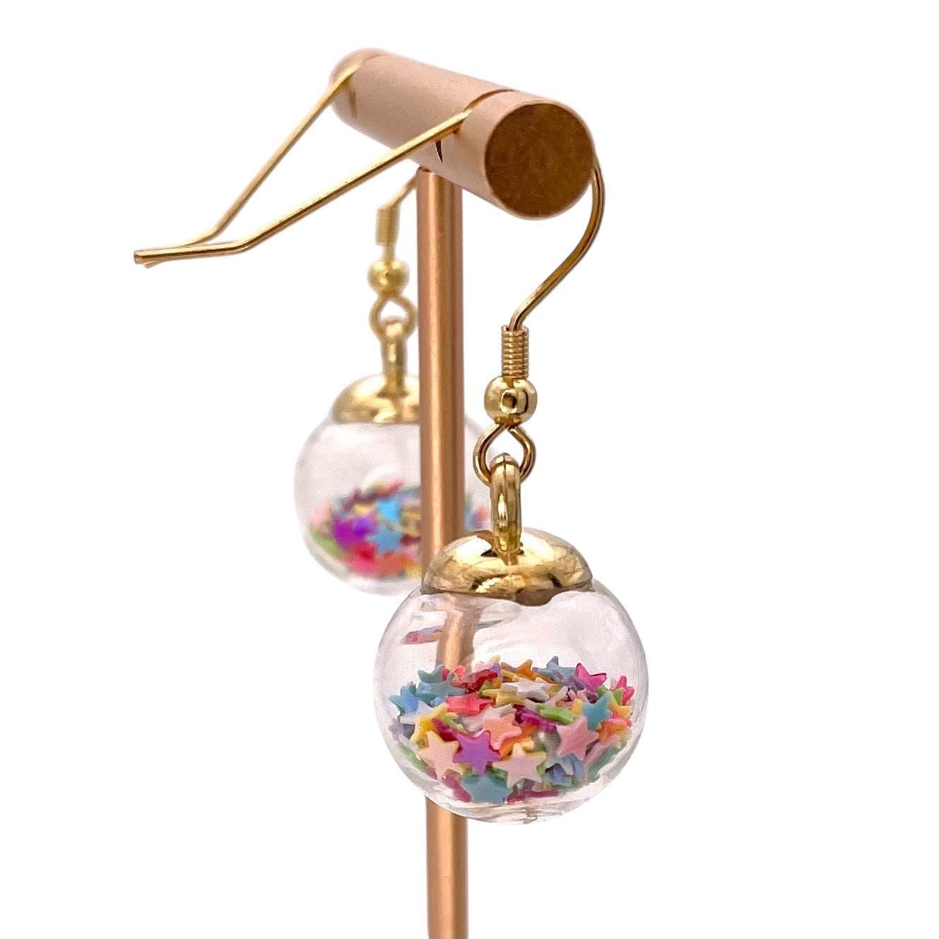 Colorful Star Confetti Globe Earrings – Fun and Whimsical Dangle Earrings with Golden Accents – Cute Party Jewelry Gift