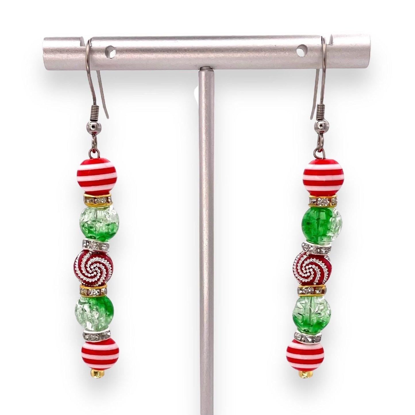 Festive Holiday Candy Cane & Swirl Beaded Earrings – Red, Green, and White Christmas Jewelry