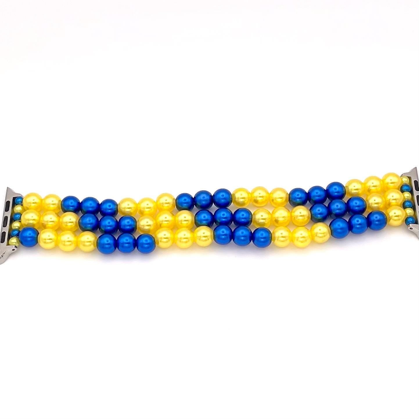 Blue and Yellow Watch Band Compatible with Apple Watch Made with Imitation Pearls