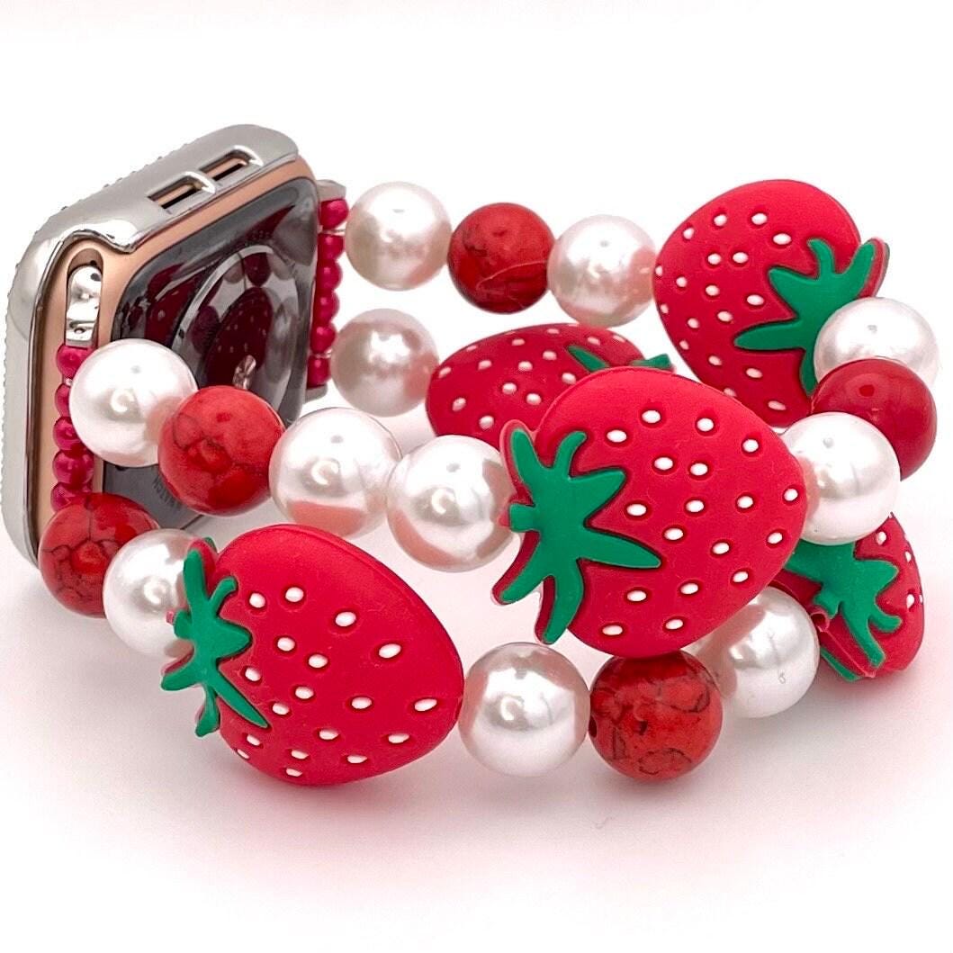 Summer Strawberry Beaded Watch Band Compatible with Apple Watch Made with Red and White Chunky Silicone and Acrylic Beads