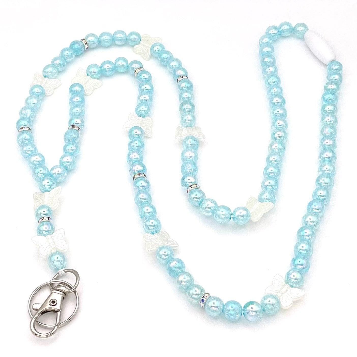 Lanyard Blue and White Butterfly Beaded Breakaway Work/Teacher Lanyard, ID Badge Key Holder