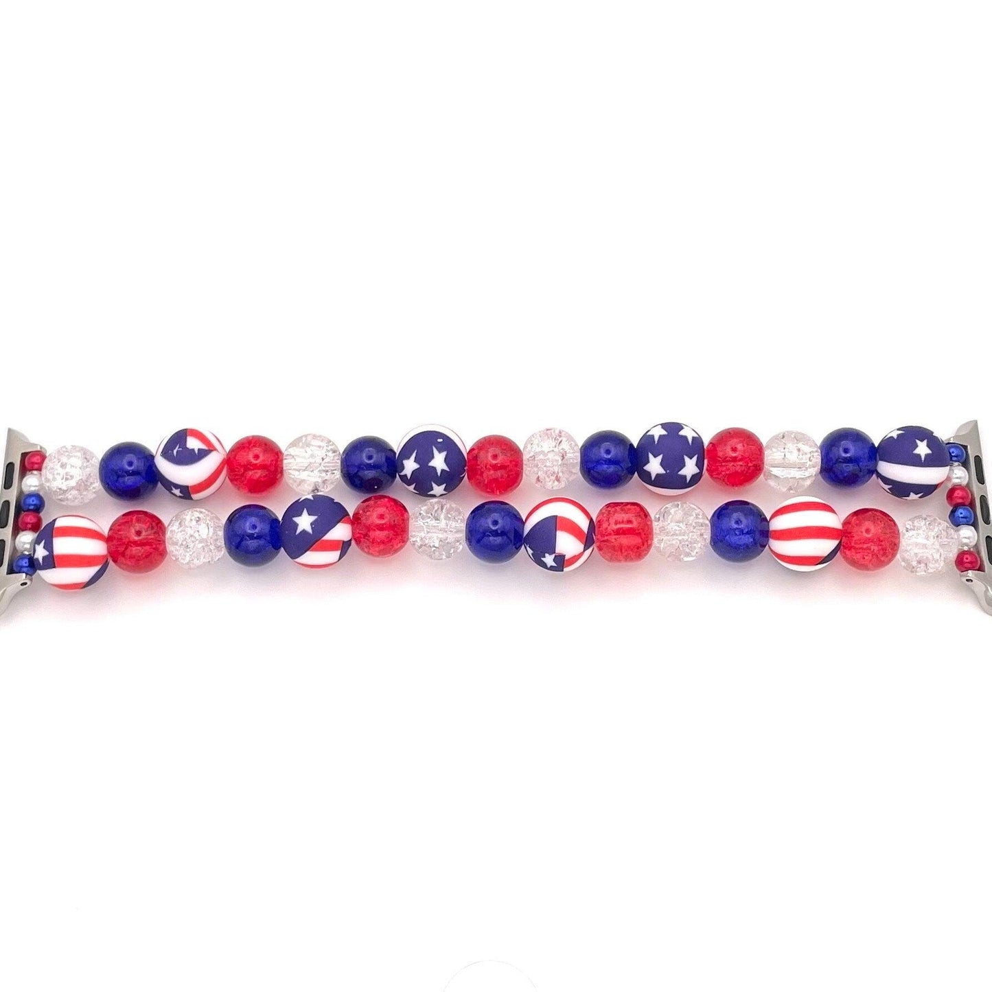 Patriotic Chunky Bead Watch Band Compatible with Apple Watch Made with Red White and Blue Glass Crackle and American Flag Silicone Beads