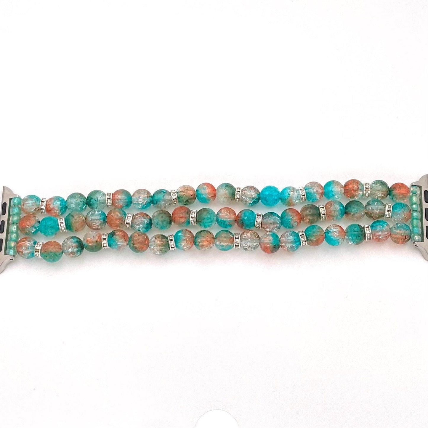 Custom Teal/Aqua/Blue and Orange Watch Band Compatible with Apple Watch Made with Crackle Acrylic and Rhinestone Beads