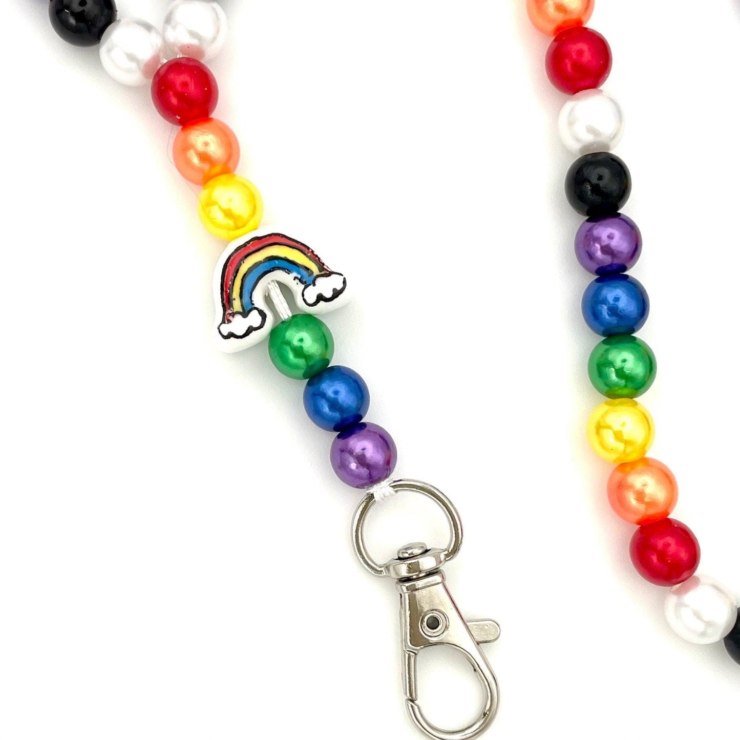 Rainbow Beaded Breakaway Work/Teacher Lanyard with Lobster Clasp and Keyring, ID Badge Key Holder