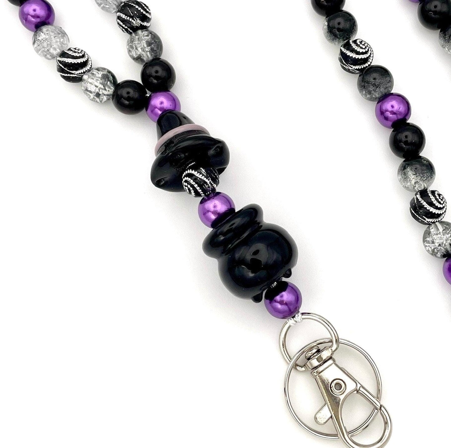 Witchy Purple and Black Halloween Beaded Breakaway Work/Teacher Lanyard with Lobster Clasp and Keyring, ID Badge Key Holder