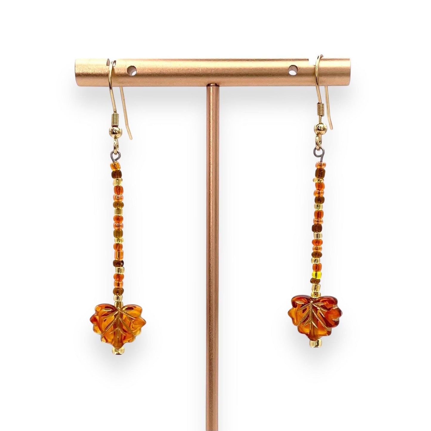 Autumn Leaf Dangle Earrings with Festive Leaf and Glass Seed Beads | Handmade Fall Jewelry