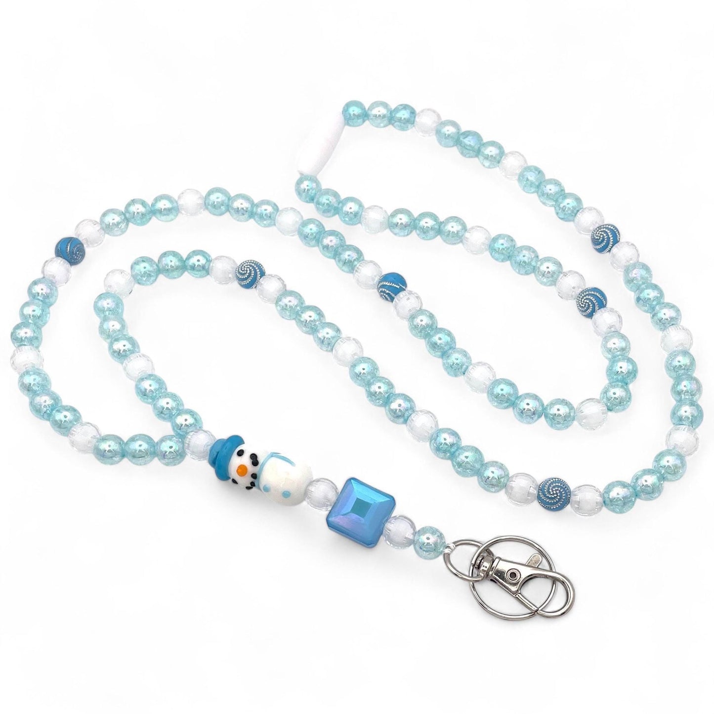 Winter Snowman Beaded Breakaway Lanyard – Handmade ID Badge Holder with Blue and White Beads