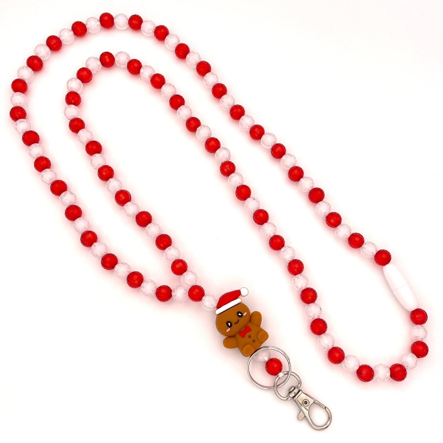 Festive Green & Red Beaded Breakaway Lanyard – Holiday-Inspired Design - Handmade Christmas Work ID Badge Holder