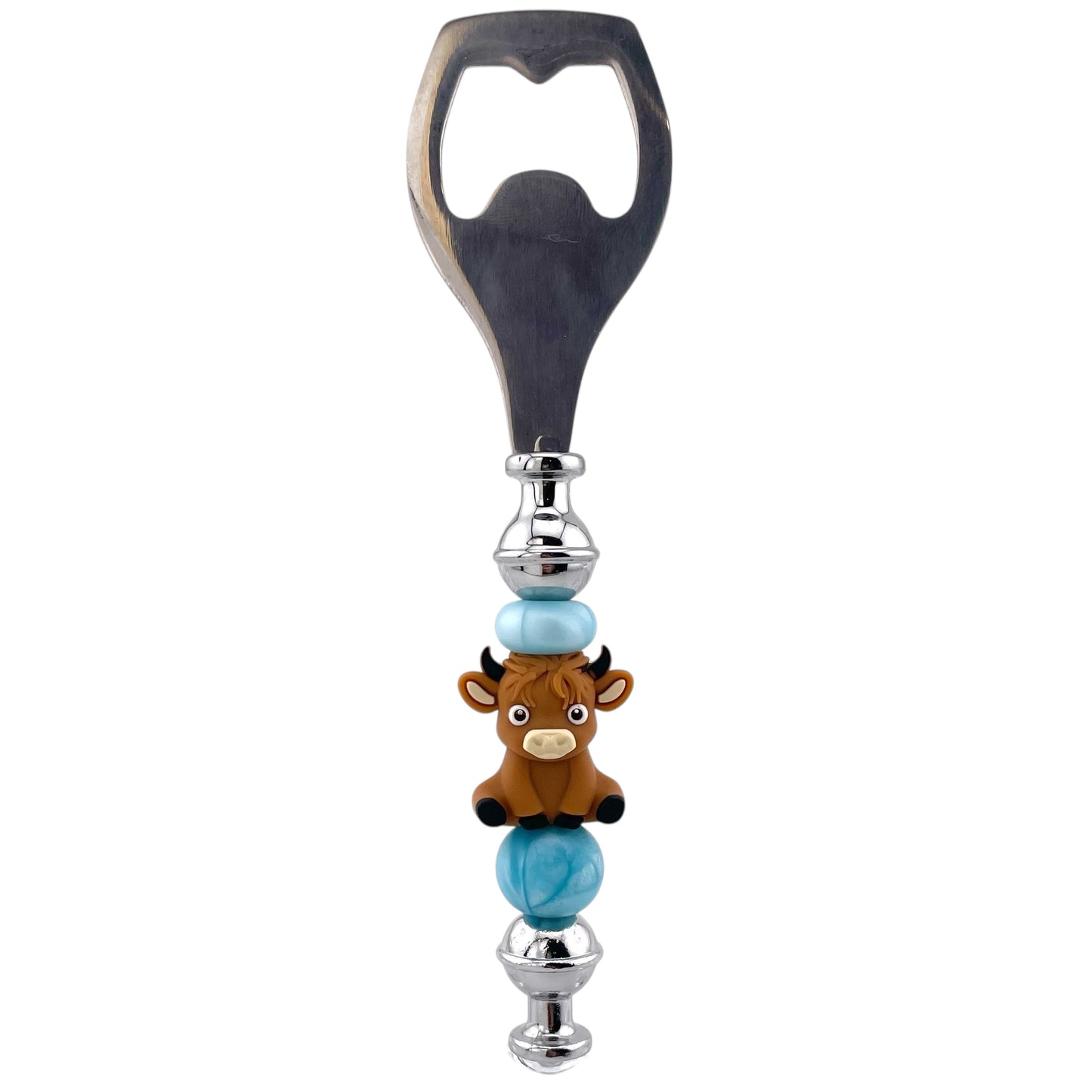 Bull Beaded Bottle Opener – Stainless Steel with Light Blue Accents | Cute Farm Animal Gift or Rustic Kitchen Decor