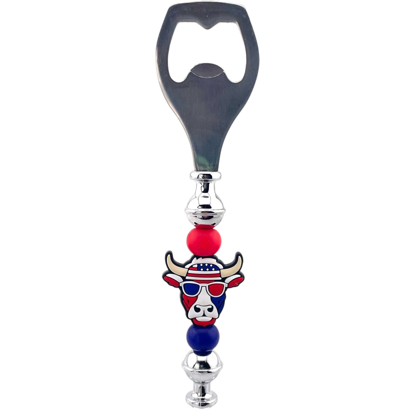 Patriotic Bull Beaded Bottle Opener – Red, White & Moo