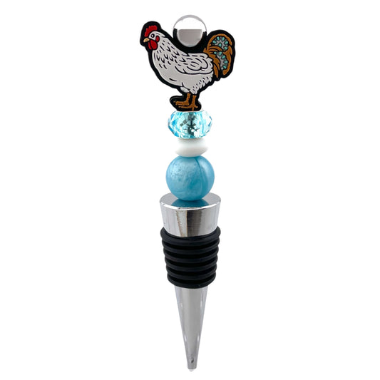 Farm Chicken Beaded Wine Stopper – Light Blue Rustic Country Bottle Topper Gift