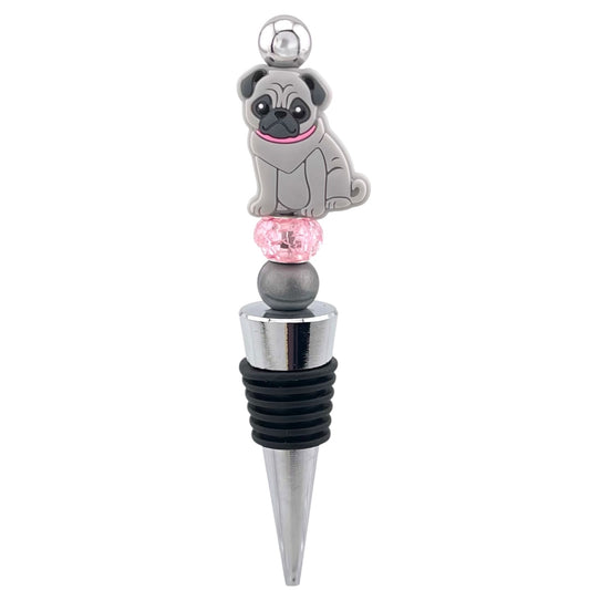 Grey Pug with Pink Collar Beaded Wine Stopper – Cute Dog Lover Gift