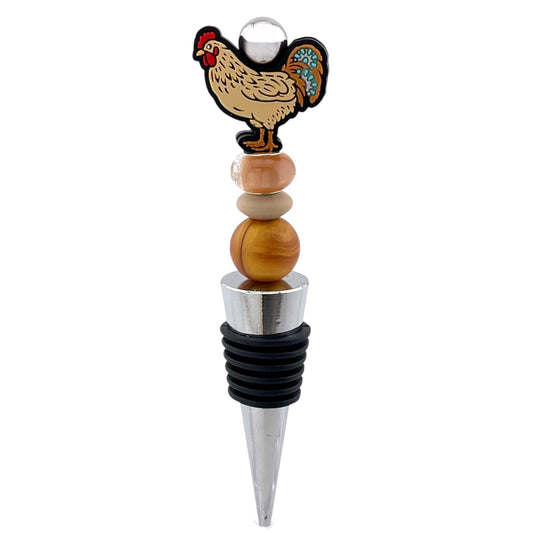 Brown Chicken Beaded Wine Stopper – Farmhouse Bar Bottle Topper Gift