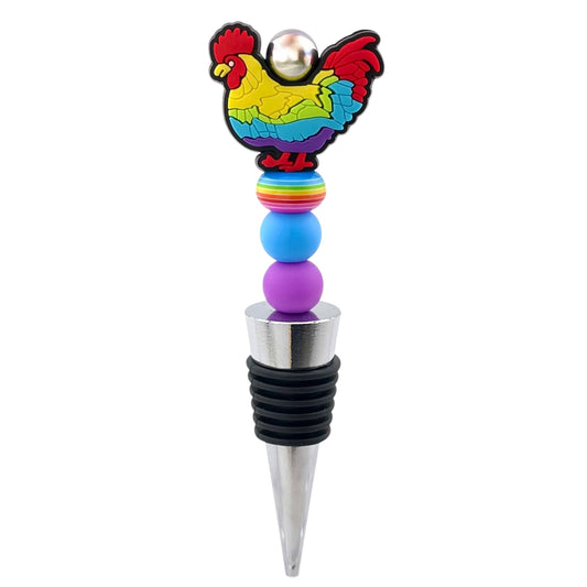 Rainbow Rooster Beaded Wine Stopper – Colorful Chicken Bottle Topper Gift