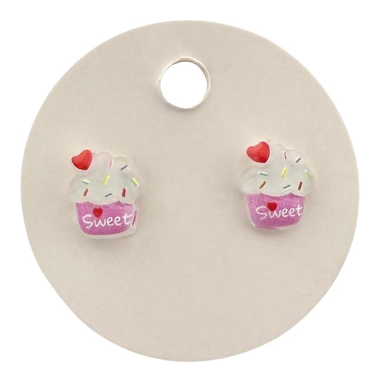 Cupcake Stud Earrings – Sweet Dessert Earrings with Sprinkles, Kawaii Acrylic Jewelry
