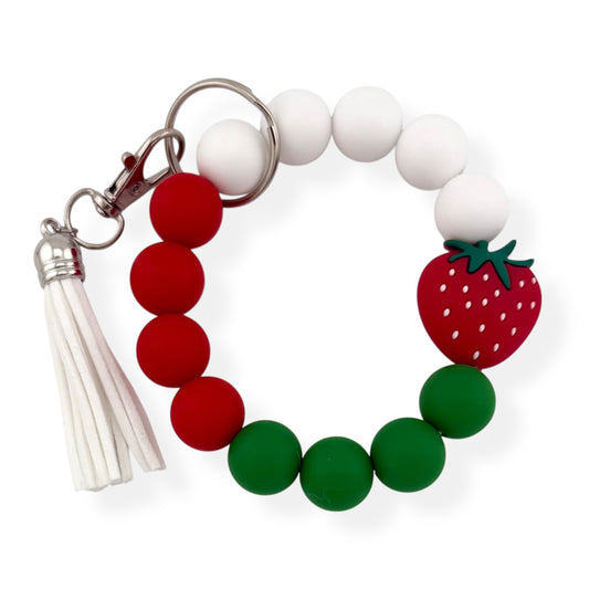 Strawberry Silicone Beaded Wristlet Keychain with Tassel | Fruit Key Ring Bracelet for Women