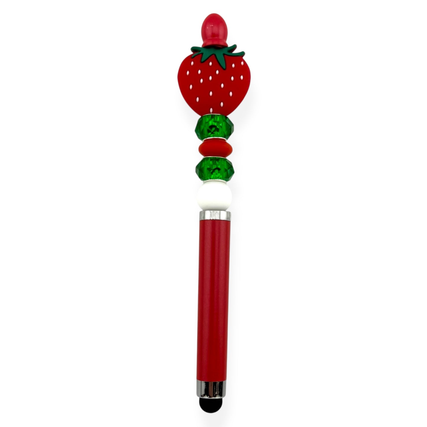 Red Strawberry Stylus Pen with Green & White Beads | Beaded Touchscreen Pen