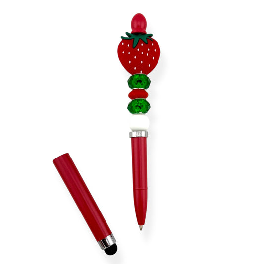 Red Strawberry Stylus Pen with Green & White Beads | Beaded Touchscreen Pen