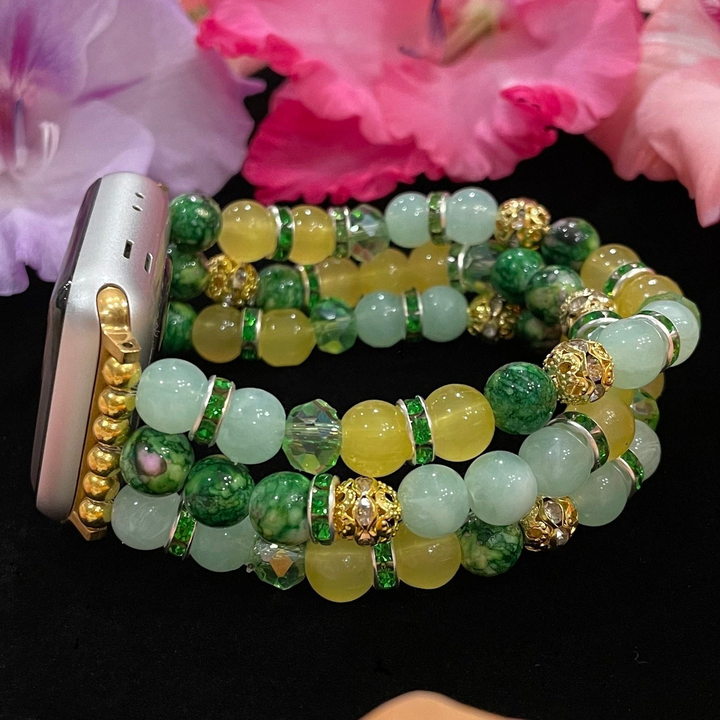 Green Watch Band Compatible with Apple Watch Made With Acrylic and Rhinestone Beads