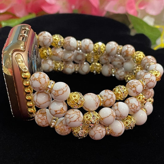 Gold Vein Howlite Watch Band Compatible with Apple Watch Made with Rhinestone Beads