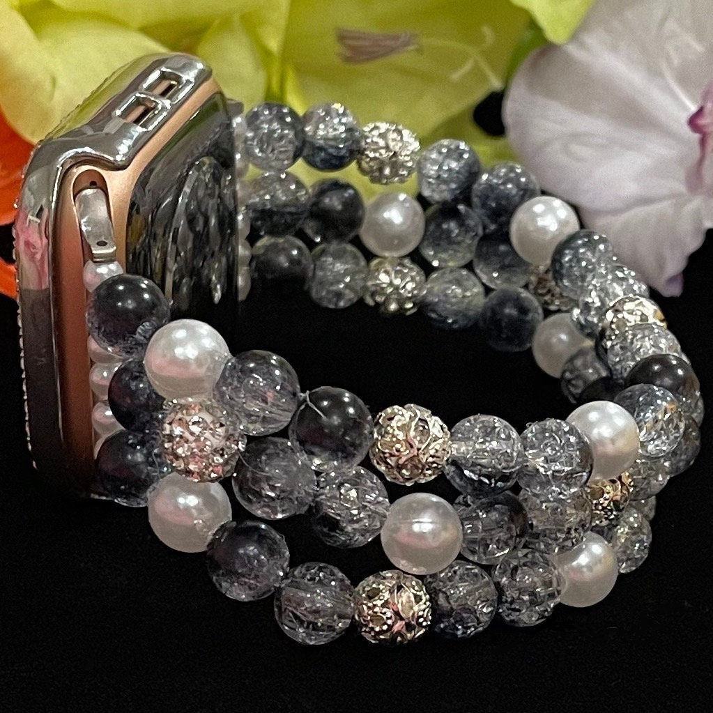 Black Watch Band Compatible with Apple Watch Made with Crackle Acrylic, Imitation Pearl, and Rhinestone Beads