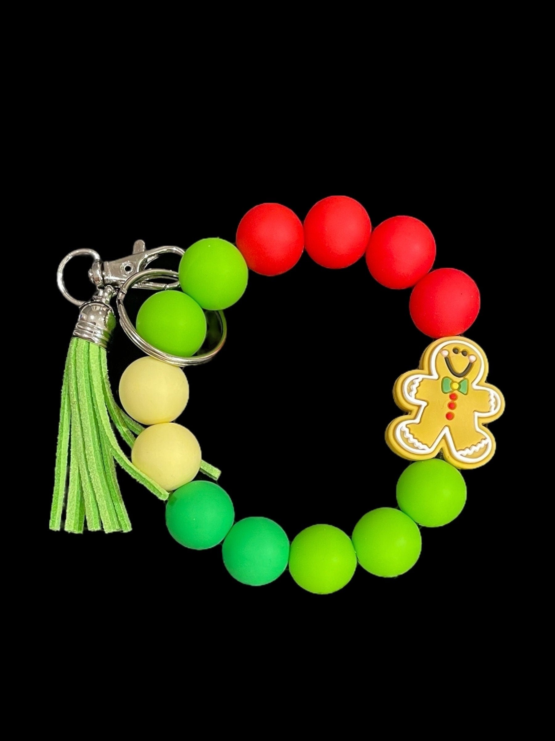 Festive Christmas Holiday Silicone Wristlet Keychain with Tassel or Pom, Winter Wristlet