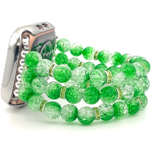 Green Watch Band Compatible with Apple Watch Made with Crackle Acrylic, Imitation Pearl, and Rhinestone Beads
