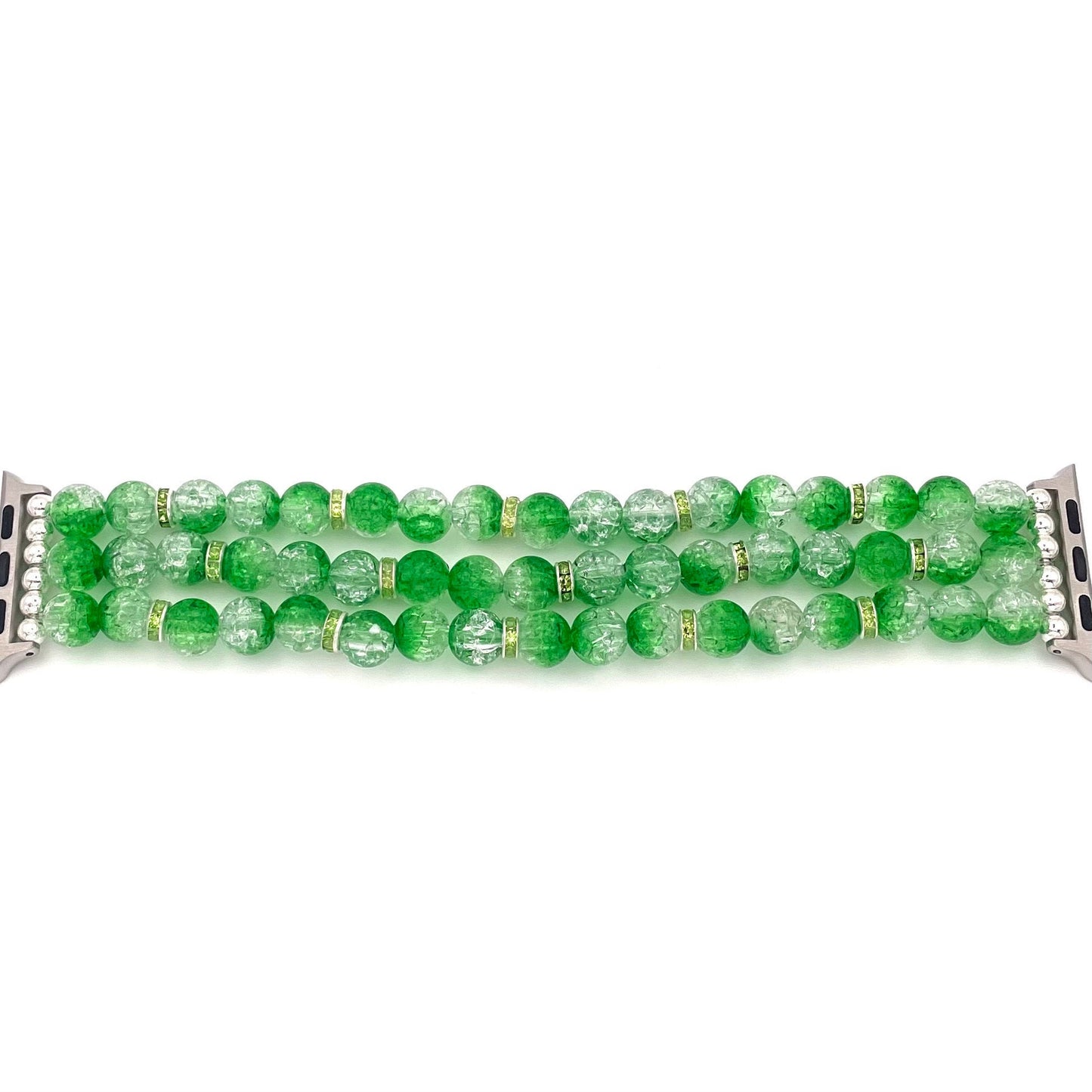 Green Watch Band Compatible with Apple Watch Made with Crackle Acrylic, Imitation Pearl, and Rhinestone Beads