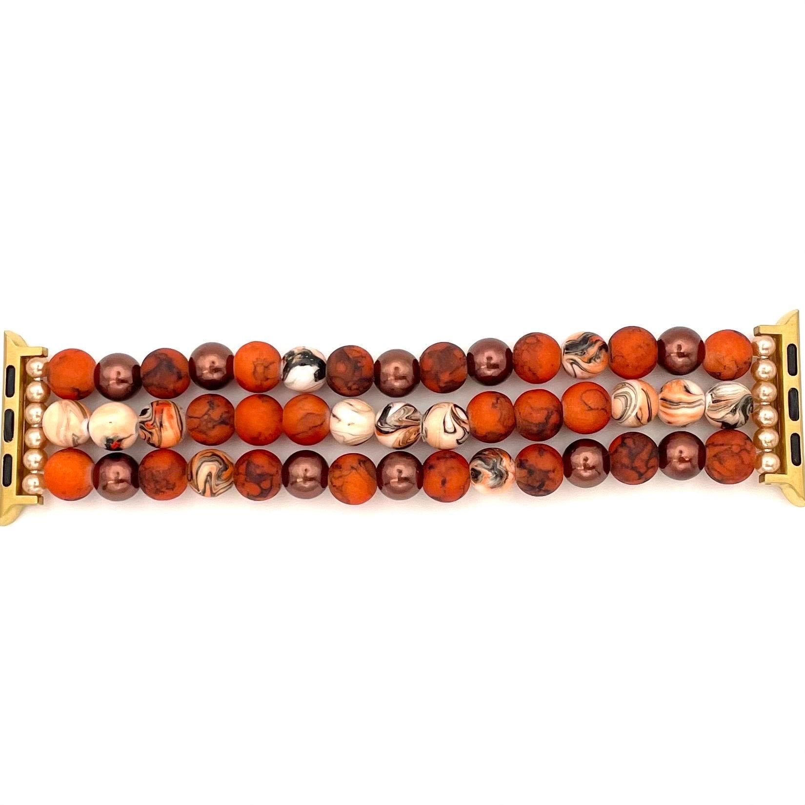 Fall Orange/Brown Watch Band Compatible with Apple Watch Made With Glass, Acrylic, and Imitation Pearl Beads